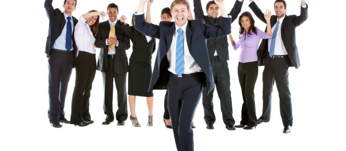 Excited group of young executives isolated over a white background; Shutterstock ID 40898428